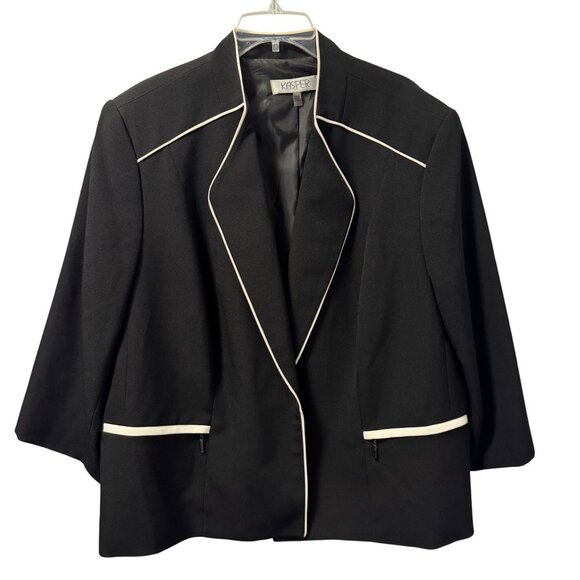 Kasper Plus Size Black Blazer With White Piping Size 24W Polyester Blend - Picture 2 of 12